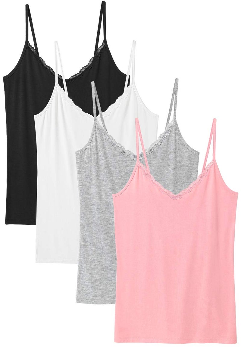 Rosyline V Neck Camisoles for Women Adjustable Lace Cami Undershirt Spaghetti Strap Lace Tank Top 4-Pack Black/White/Grey/Pink M - Image 1